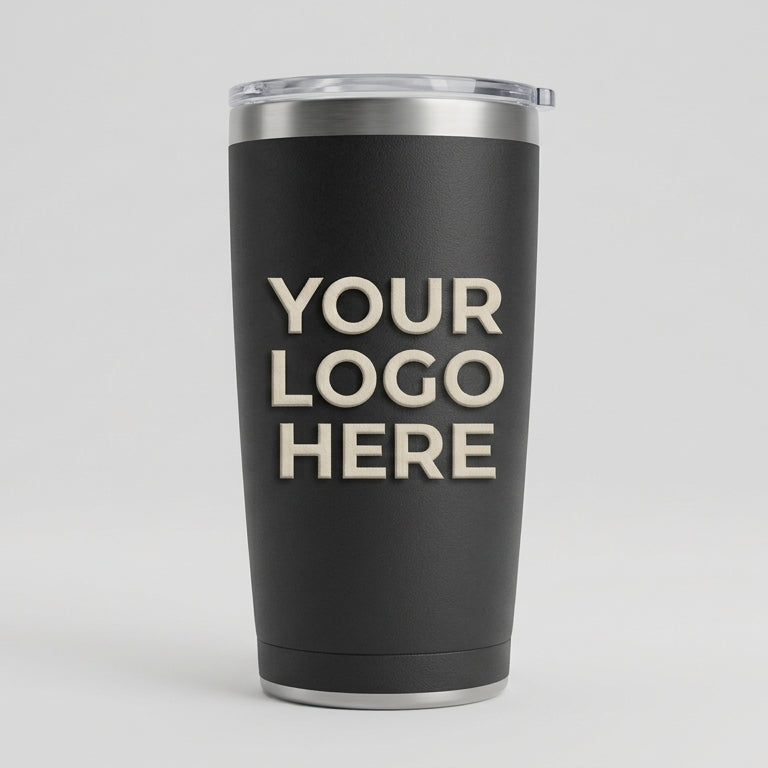 A matte black insulated travel tumbler with a clear lid, featuring the placeholder text 'YOUR LOGO HERE' in light beige. The tumbler is photographed on a seamless light gray background.